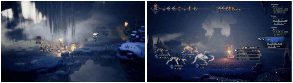 Exploration and battle screenshots from Octopath Traveler on Nintendo Switch.