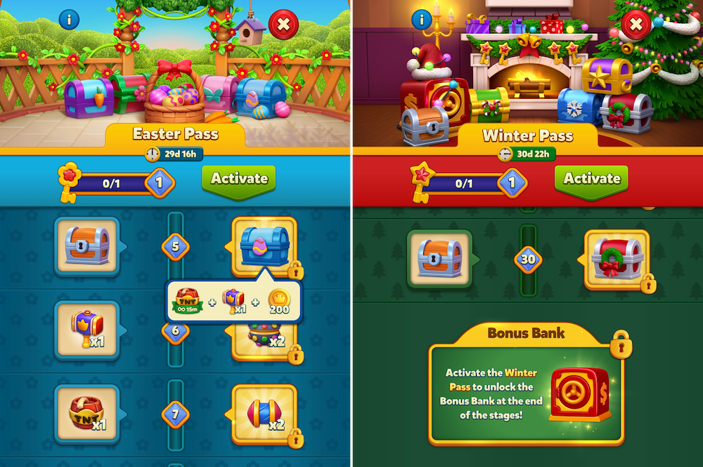 Examples of Royal Match’s seasonal-themed battle passes
