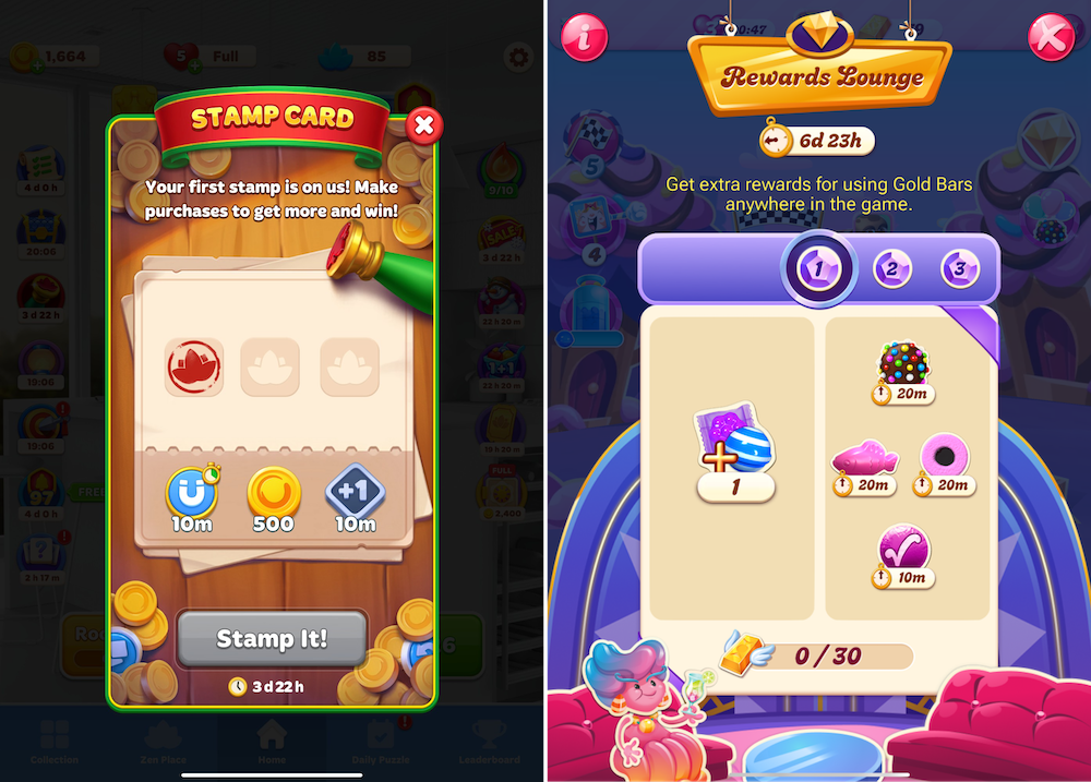 Two top-up events came to the casual side of the market in January: Zen Match’s Stamp Card (left) and Candy Crush Saga’s Rewards Lounge (right)
